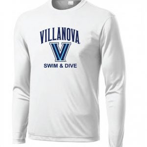 Villanova Swim & Dive Unisex Long Sleeve Moisture Wicking Tee in White or Navy