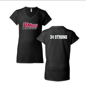 UMASS Lacrosse #34 Strong Women's V Neck Short Sleeve Cotton Tee in Black