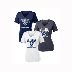 Villanova Swimming & Diving Women's V-Neck Short Sleeve Relaxed Fit Tee in Navy Or White Or Grey