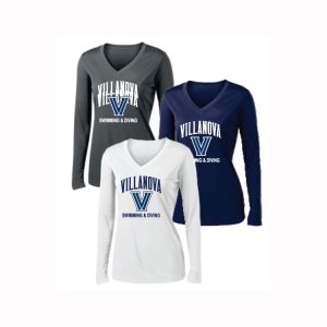 Villanova Swimming & Diving Women's V-Neck Long Sleeve Relaxed Fit Tee in Navy Or White Or Grey