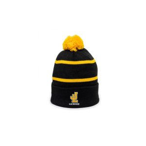 Jonathan Law Lacrosse Fleece LINED Pom Pom Hat in Black with Gold Stripe