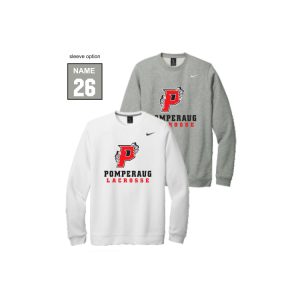 Pomperaug Lacrosse NIKE Club Fleece Crew Neck Sweatshirt in Grey or White
